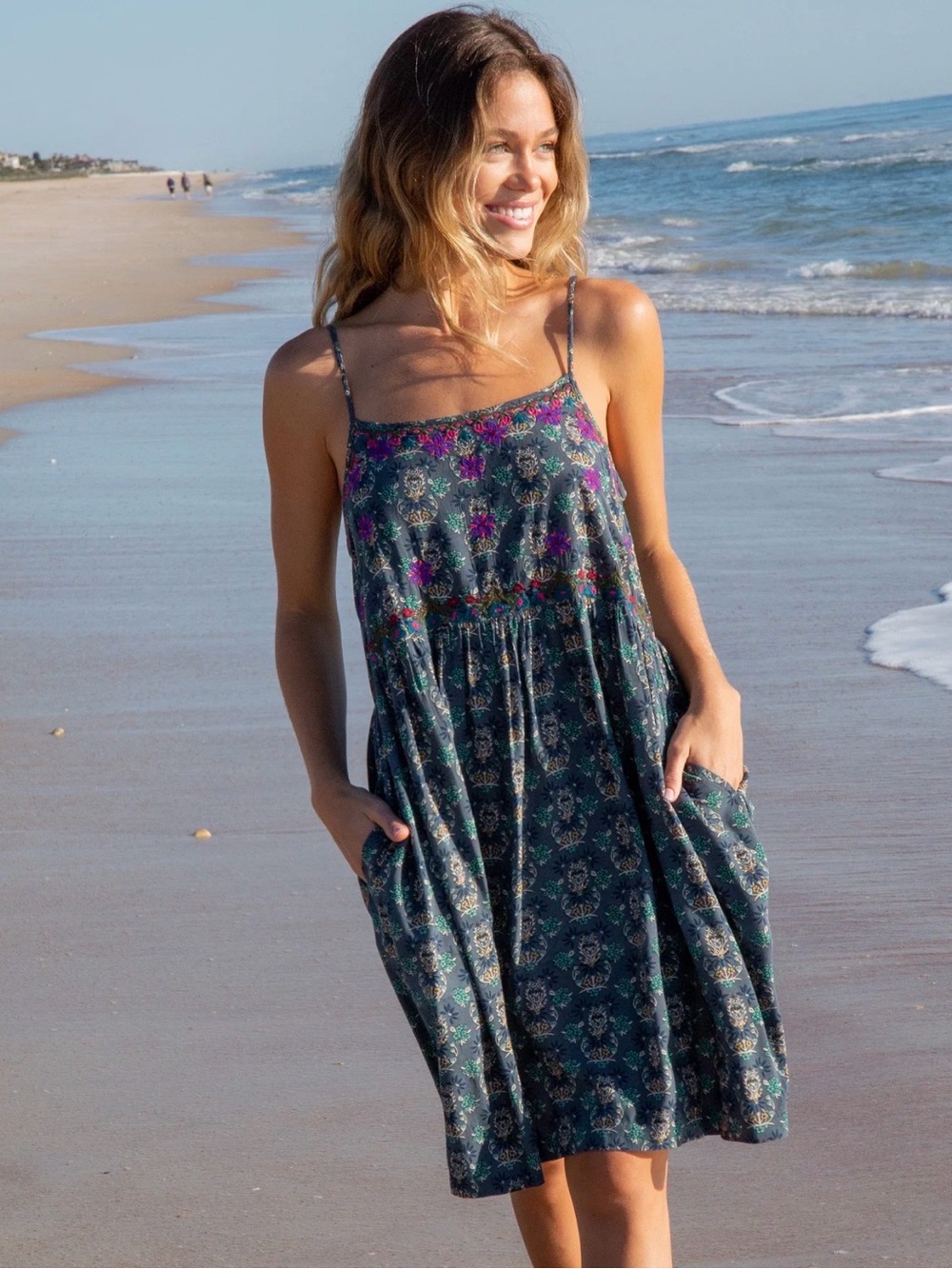 Natural Life Sara Dark Teal Medallion Sara Embroidered Dress Size XL Boho Floral